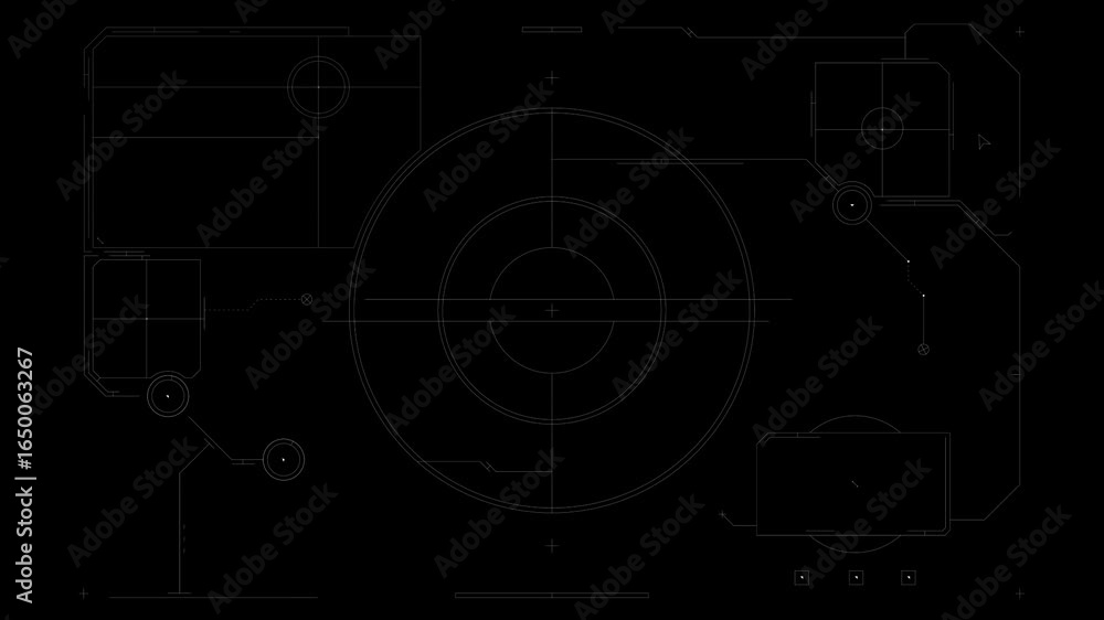 Poster a futuristic interface design featuring a circular element surrounded by a grid layout