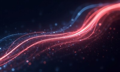 Vibrant abstract digital waves of red and blue light with sparkling particles, conveying energy and data flow on a dark background.