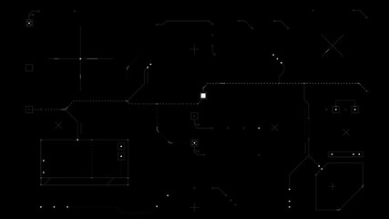 A digital interface with glowing lines and shapes moves and pulses on a black background - Powered by Adobe