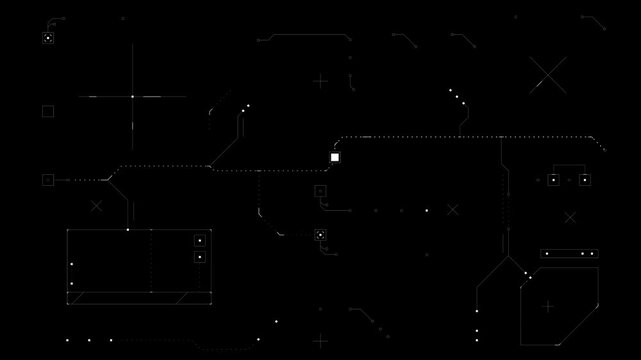 A digital interface with glowing lines and shapes moves and pulses on a black background