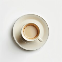 Overhead view of a creamy coffee in a simple white cup and saucer