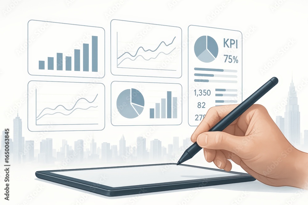 Aufkleber hand using digital stylus on tablet with data visualizations.