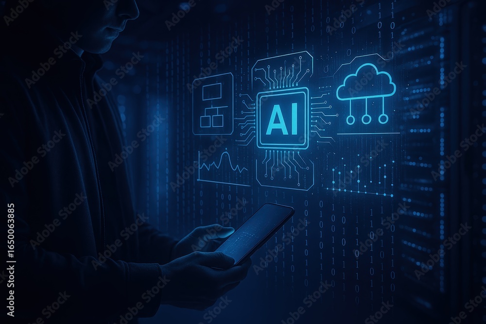 Poster person holding a mobile device with holographic projections of artificial intelligence and data visu