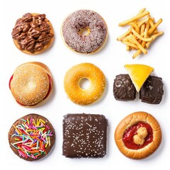 Nine assorted unhealthy foods on white background