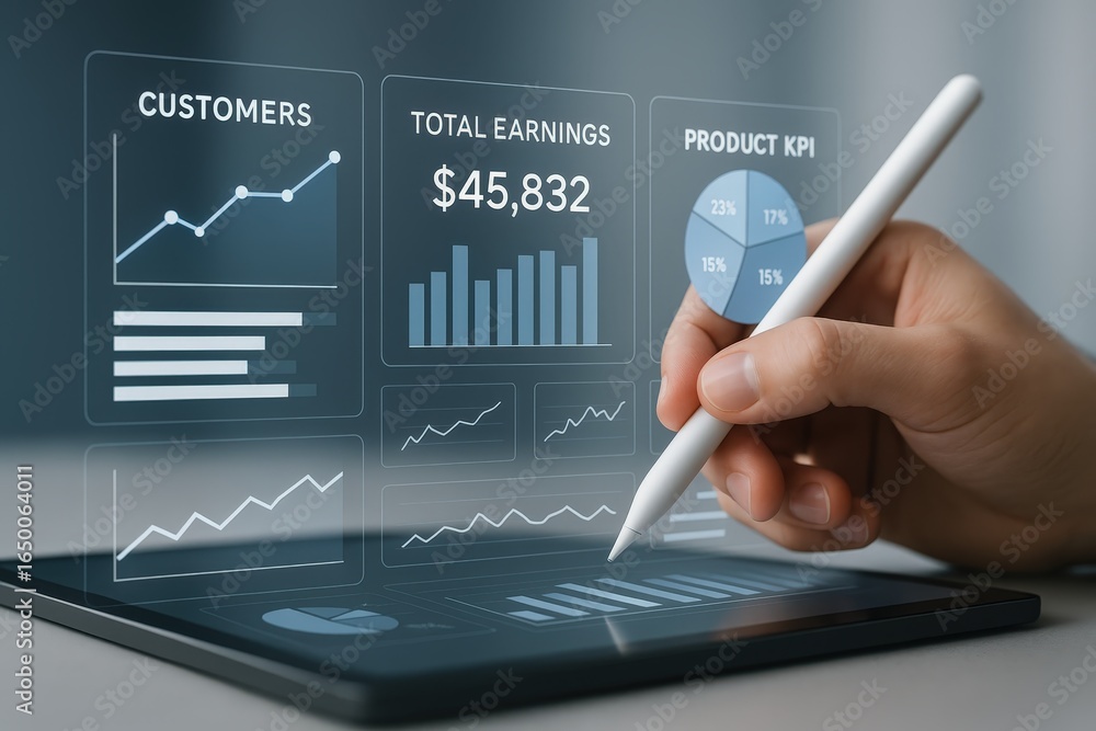 Aufkleber hand with stylus interacting with a digital tablet displaying business data visualizations.
