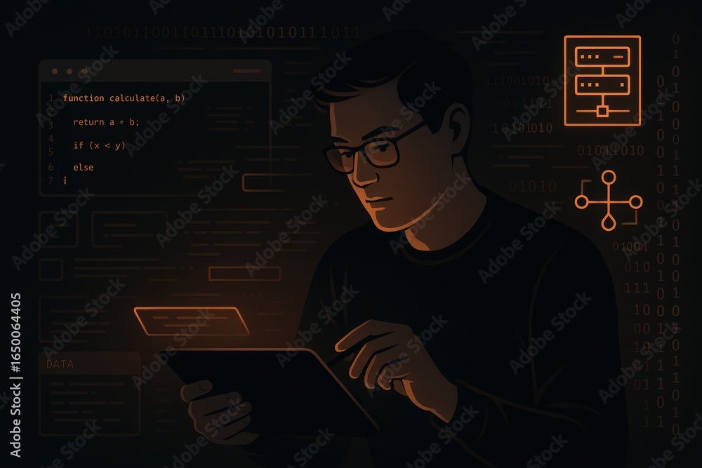 Aufkleber person concentrating on a digital tablet displaying code.