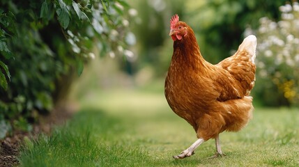 brown hen walks across  green lawn with lush foliage in  background chicken
