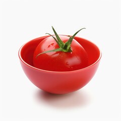 Single red tomato in a small red bowl