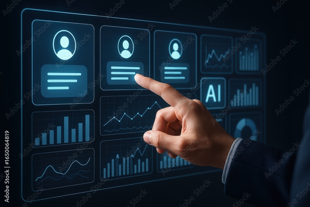 Aufkleber hand interacting with a digital interface showing data and information.