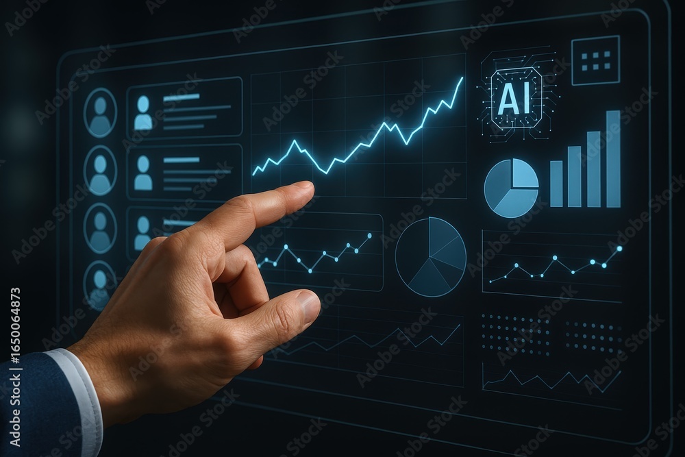 Aufkleber hand pointing at a glowing, digital dashboard with various graphs and charts.