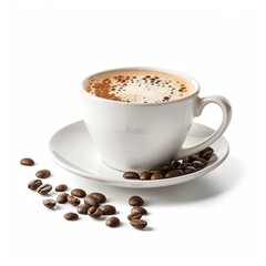White coffee cup, steaming hot beverage, coffee beans scattered