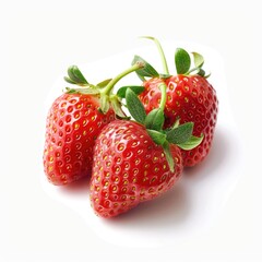 Three fresh, vibrant red strawberries, stems and leaves visible, against a plain white background