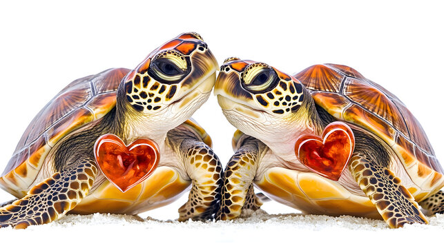 Two turtles with hearts closeup view