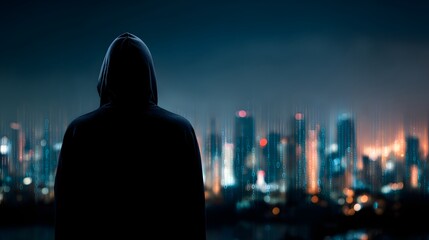 Hooded hacker silhouette against glowing city skyline with digital code