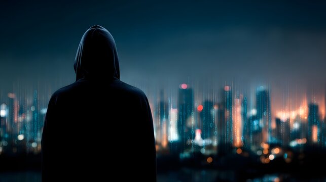 Hooded hacker silhouette against glowing city skyline with digital code
