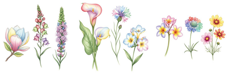 A beautiful watercolor illustration collection of six diverse floral arrangements, featuring a botanical set isolated on white.