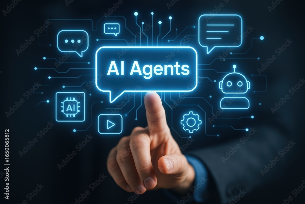 Aufkleber a hand points to a glowing interface of artificial intelligence agents.