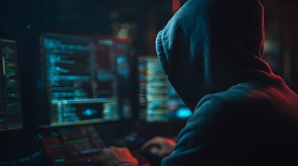 Hooded hacker in dark room working with multiple monitors and code
