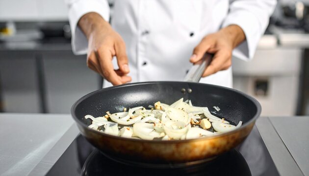 Professional chef's hands expertly sautéing fresh onions and garlic in a hot frying pan, showcasing culinary techniques in a commercial kitchen environment.