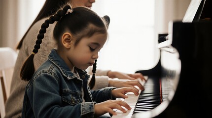 asian girl learning piano music lesson at home with mother | music lesson, music education, childhood development, home schooling, parental involvement theme