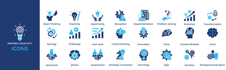 Inspired Creativity icon set. Containing  Creativity, opportunity, Disruption, Experimentation, Problem solving
