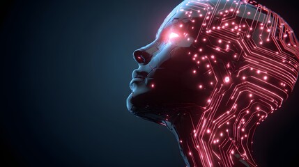 Futuristic AI head with glowing red circuits and digital lights