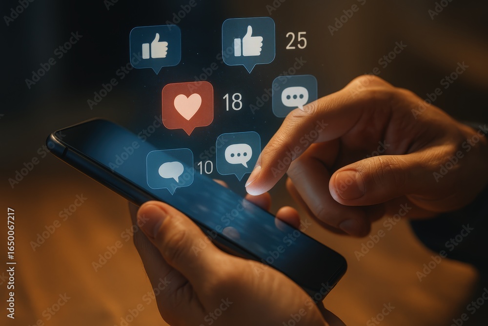 Poster close-up view of a hand interacting with a smartphone displaying social media engagement metrics.