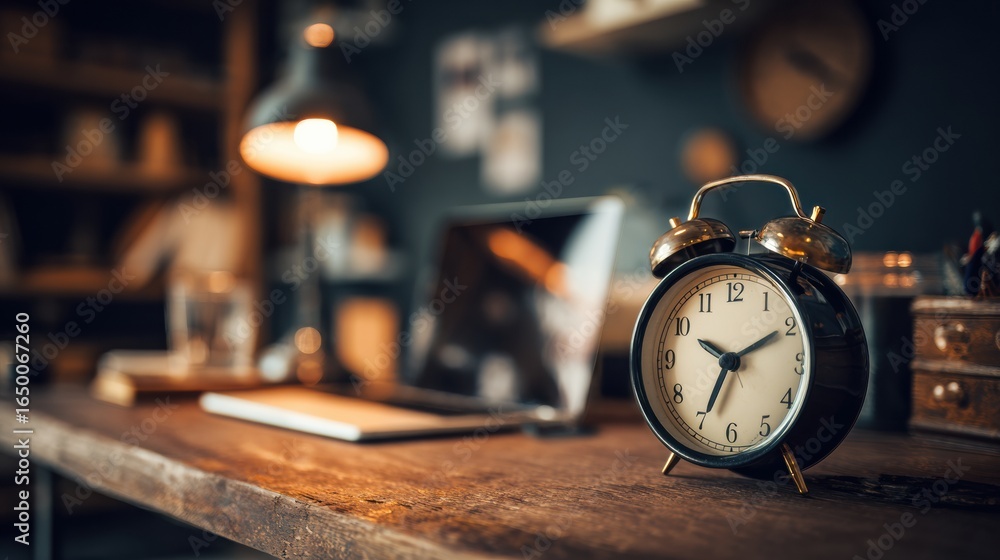 Poster Rustic Workspace With Vintage Alarm Clock Beside Computer in a Cozy Setting During Afternoon Light