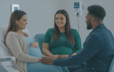 Two expectant mothers and a man smile, interacting warmly in a hospital room, symbolizing family support during the journey.