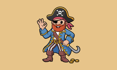 This vibrant illustration features a cheerful pirate with a hook hand, eye patch, and coins on the ground, exuding a sense of adventure and treasure hunting excitement.
