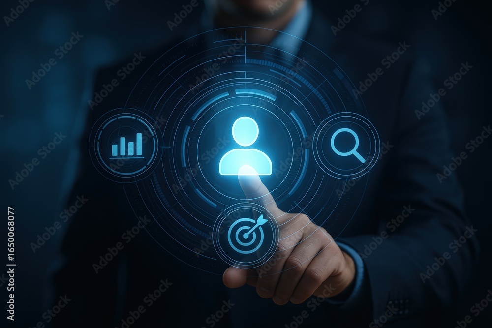 Aufkleber person icon with concentric circles and data elements displayed on a touch screen.
