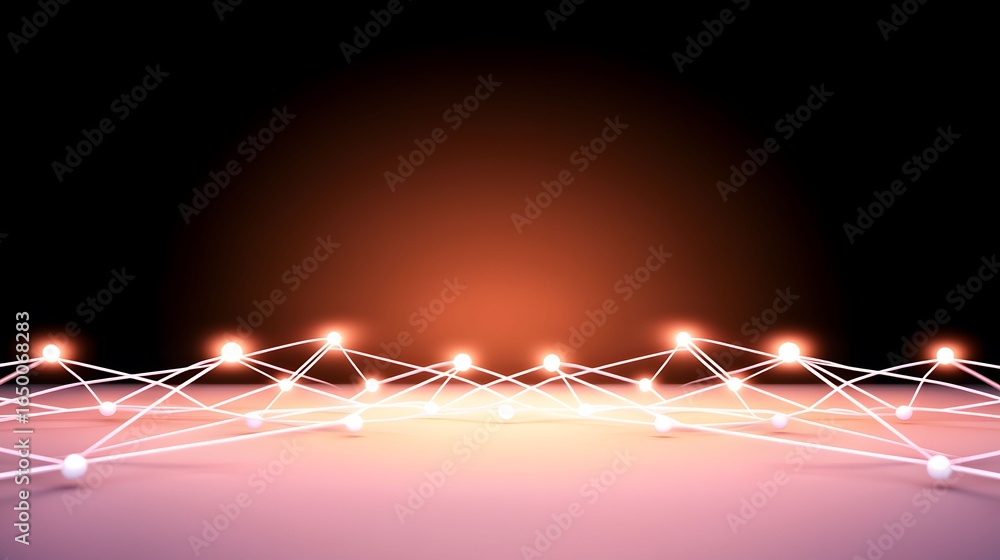 Poster the image showcases a network of white spheres connected by lines, illuminated by bright nodes again