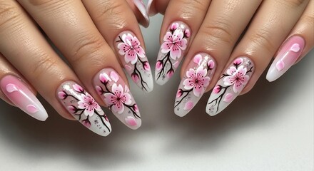 Cherry Blossom Nail Art on Almond Shaped Nails | Spring Beauty and Manicure Design for Salons, Fashion, and Cosmetic Promotion