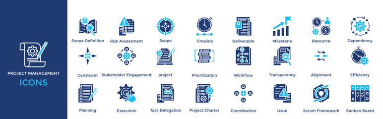 project management icon set. Containing Risk Assessment, Scope, Timeline, Deliverable, Milestone, Resource, Dependency