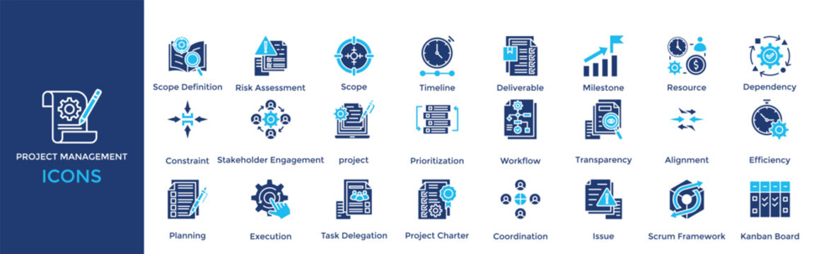 project management icon set. Containing Risk Assessment, Scope, Timeline, Deliverable, Milestone, Resource, Dependency