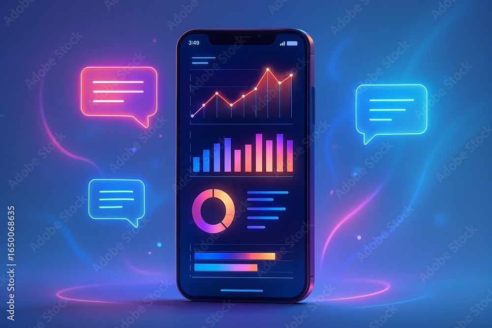 Poster digital interface on a phone displays ascending graphs with a vibrant neon glow and chat bubbles.