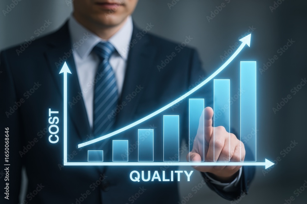 Aufkleber a person interacting with a graph illustrating the relationship between cost and quality.