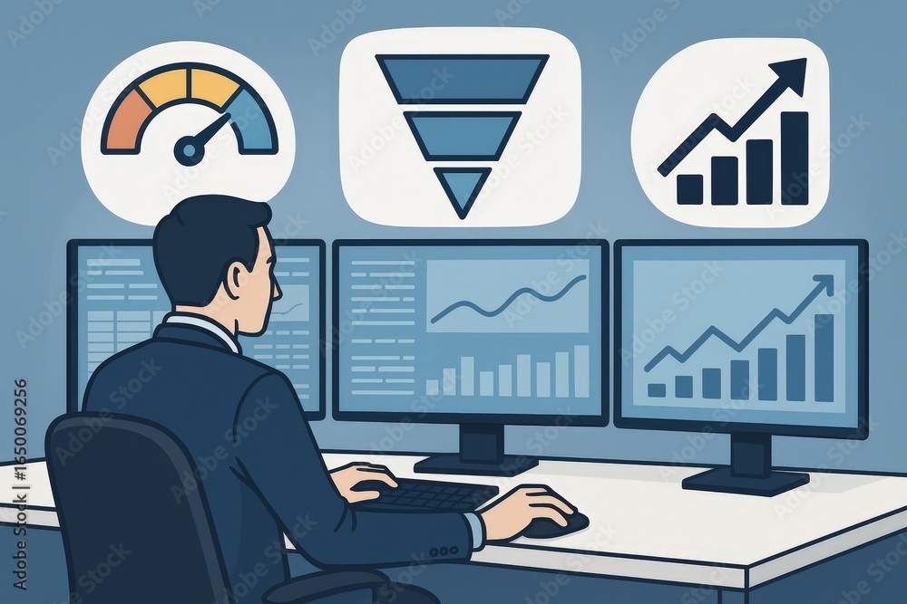 Aufkleber businessperson monitors multiple computer screens displaying data and graphs.