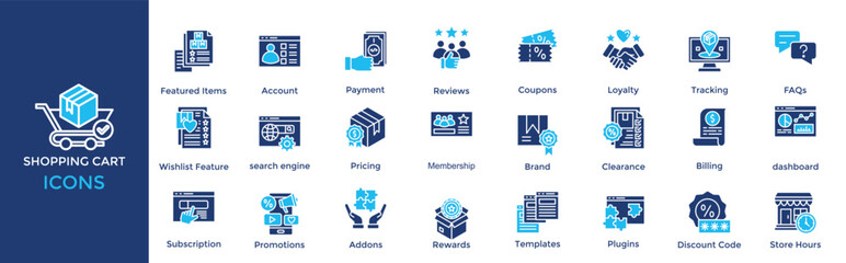 Shopping Cart icon set. Containing Account, Payment, Reviews, Coupons, Loyalty, Tracking