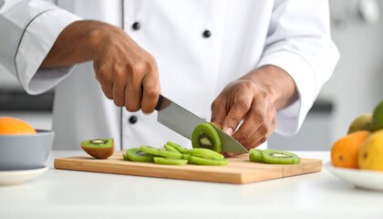 Professional chef in a clean white uniform meticulously slicing fresh ripe kiwi fruit on a wooden cutting board in a bright kitchen