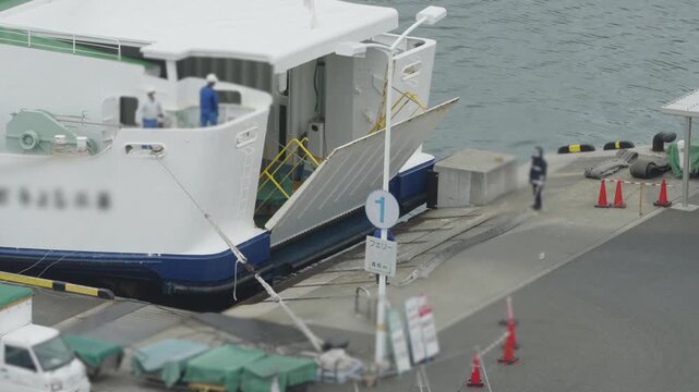 Kagawa, Japan - April 14, 2024: A ferry just opeing a stern ramp at Tonosho port of Shodoshima island