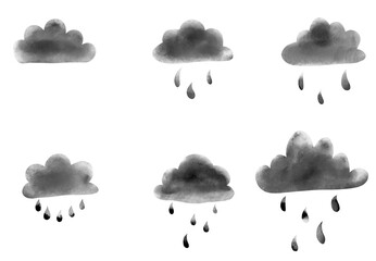 Hand-drawn Watercolor Rain Clouds: Charming Illustrations with Droplets, Weather Icons, and Simple Sky Elements for Kids' Designs and Seasonal Graphics