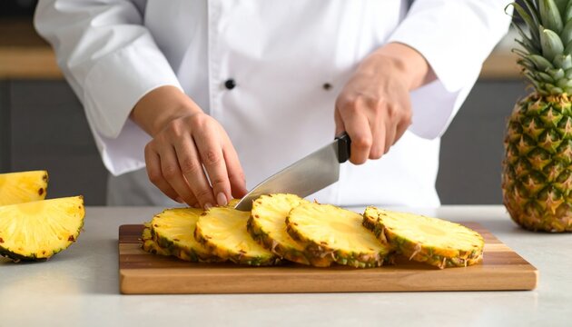 Professional chef in a white uniform meticulously slicing a fresh, ripe pineapple on a wooden cutting board in a kitchen