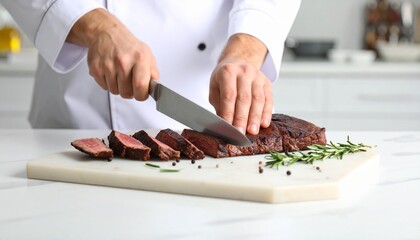 Chef slicing perfectly cooked steak on a cutting board, with rosemary and peppercorns