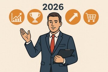 Business professional presenting growth and success strategies for 2026.