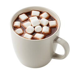 Creamy hot chocolate with melting marshmallows in a light grey mug.