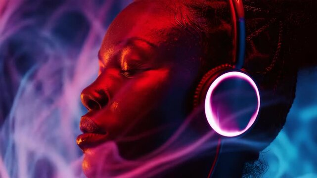 A woman using headphones and listening to music, immersed in her music player's sound quality. She is wearing a modern-looking headphone with a sleek design and high fidelity audio output.
