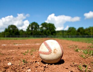 Classic baseball close-up captures game spirit, dirt field, bright blue sky and white clouds