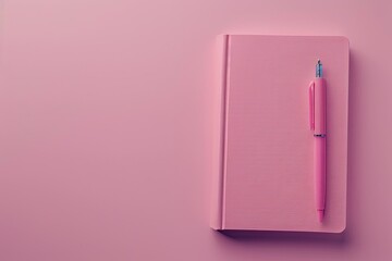 Top View or Flat Lay of Blank Paper Note Book on Pink Diary and a Light Pink Pen on Pink Background