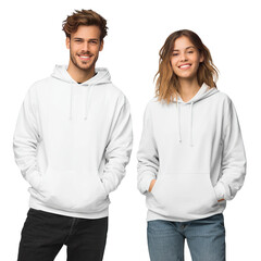 Casual Comfort & Style: A smiling man and woman each wear a plain, white hoodie, radiating a sense of relaxed ease and casual elegance. Capturing a timeless fashion statement.